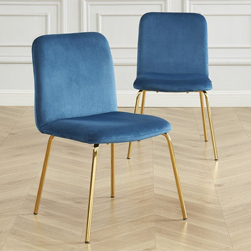 Lot de 2 chaises en velours bleu canard piètement en métal doré - Sophie