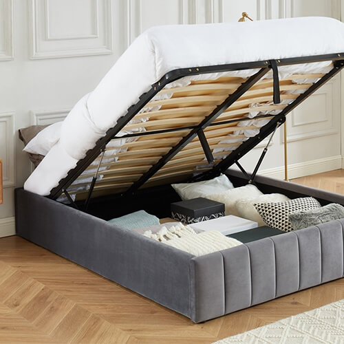 Lit coffre 140x190cm en velours gris anthracite + sommier relevable à lattes - Collection Ava - ELLE DECO