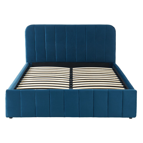 Lit coffre 140x190cm en velours bleu canard avec tête de lit + sommier à lattes - Collection Ava