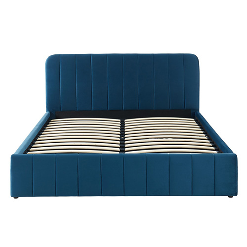 Lit coffre 160x200cm en velours bleu canard avec tête de lit + sommier à lattes - Collection Ava