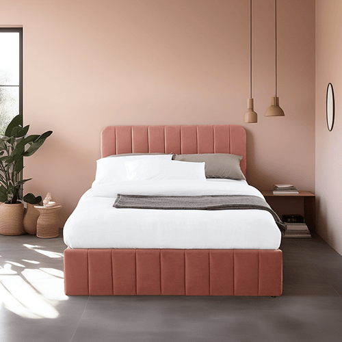 Lit coffre 180x200cm en velours rose blush avec tête de lit + sommier à lattes - Collection Ava - ELLE DECO