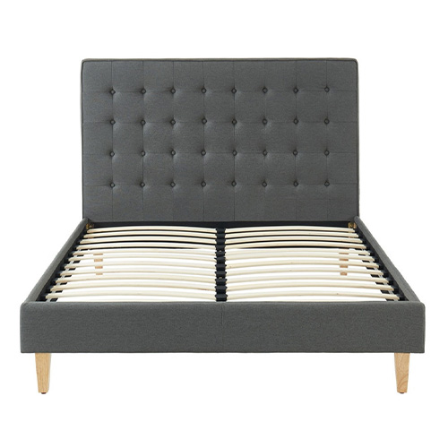 Lit adulte scandinave en tissu effet lin gris anthracite, sommier à lattes, 140x190 - Marie