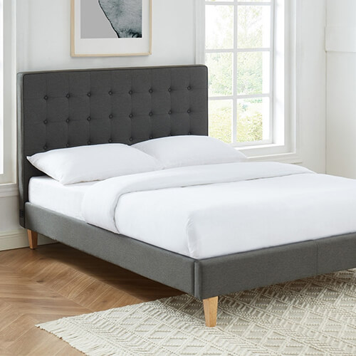 Lit adulte scandinave en tissu effet lin gris anthracite, sommier à lattes, 140x190 - Collection Marie - ELLE DÉCORATION