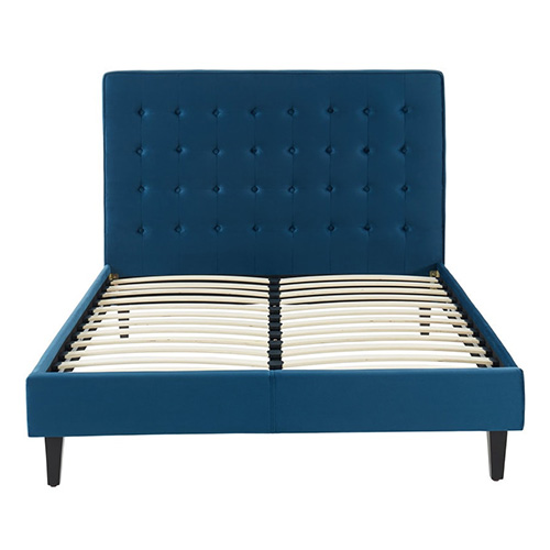 Lit adulte scandinave en velours bleu, sommier à lattes, 140x190 - Marie