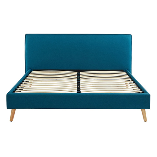 Lit adulte 140x190cm en tissu bleu canard avec tête de lit et sommier à lattes - Collection Gustave