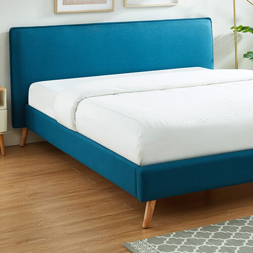 Lit adulte 140x190cm en tissu bleu canard avec tête de lit et sommier à lattes - Collection Gustave