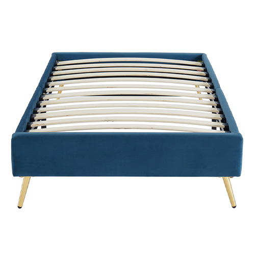 Lit enfant 90x190cm en velours bleu canard et piètement doré, sommier à lattes - Johan