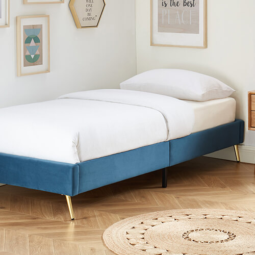 Lit simple JOHAN 90x190cm en velours bleu canard