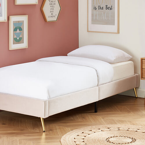 Lit simple JOHAN 90x190cm en velours rose poudré