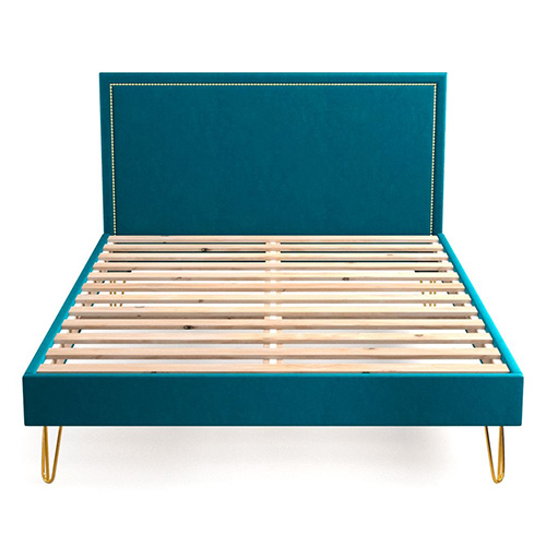 Lit adulte 140x190cm en velours bleu canard avec tête de lit à liseré et sommier à lattes - Collection Lou