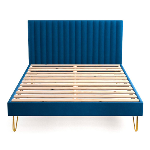 Lit adulte scandinave 140x190cm en velours bleu nuit avec tête de lit matelassée et sommier à lattes - Collection Eliot