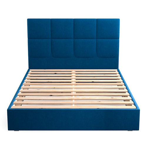 Lit adulte 160x200cm en velours bleu nuit avec tête de lit carrée capitonnée et sommier à lattes - Collection Emy