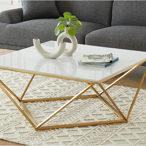 Elle Déco - ROXY - Table basse carrée en pierre façon marbre blanc - L100cm