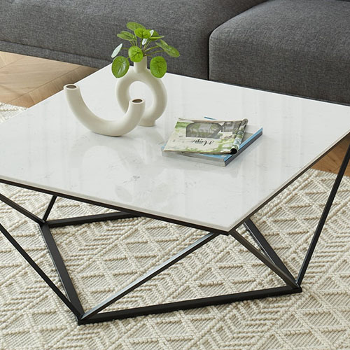 Table basse carrée marbre blanc & métal noir - Roxy