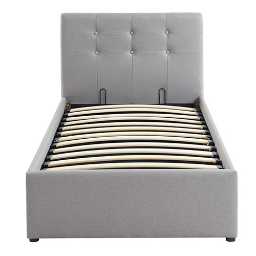 Lit coffre enfant 90x190 en tissu gris clair avec tête de lit, sommier à lattes et rangement - Tina