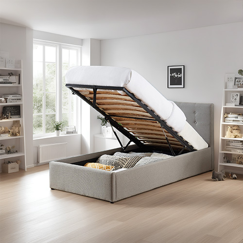 Lit coffre enfant 90x190 en tissu gris clair avec tête de lit, sommier à lattes et rangement - Tina