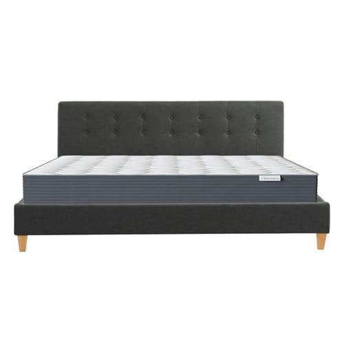 Ensemble lit + matelas Memo HR avec tête de lit capitonnée en tissu gris foncé - sommier à lattes 180x200cm - Collection Milo