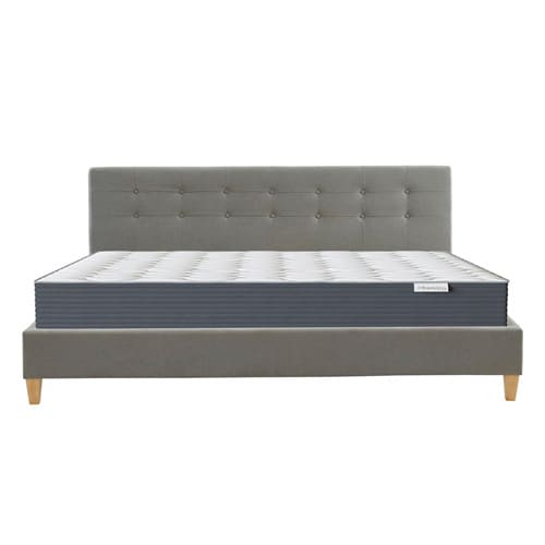 Ensemble lit + matelas Memo HR avec tête de lit capitonnée en tissu gris clair - sommier à lattes 180x200cm - Collection Milo