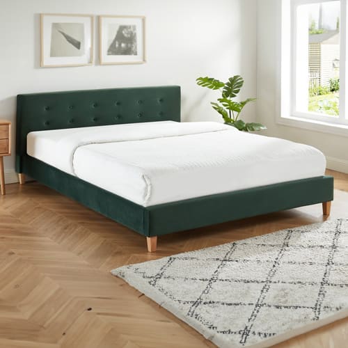 Ensemble lit + matelas Memo HR avec tête de lit en velours vert bouteille - sommier à lattes 160x200cm - Collection Milo