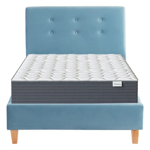 Ensemble lit enfant + matelas Memo HR avec tête de lit capitonnée en velours bleu - sommier à lattes 90x190cm - Collection Milo