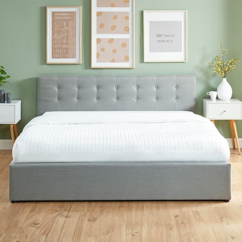 Ensemble lit coffre 180x200 en tissu gris clair + matelas Memo HR avec tête de lit et sommier à lattes - Collection Tina