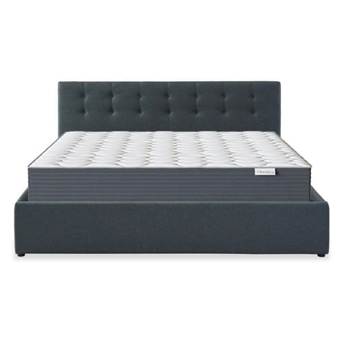 Ensemble lit coffre 180x200 en tissu gris anthracite + matelas Memo HR avec tête de lit et sommier à lattes - Collection Tina