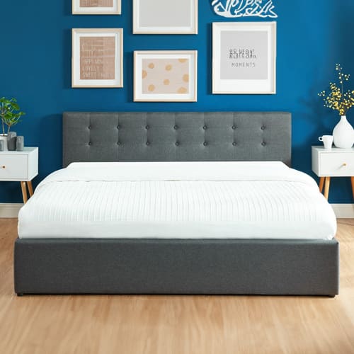 Ensemble lit coffre 180x200 en tissu gris anthracite + matelas Memo HR avec tête de lit et sommier à lattes - Collection Tina