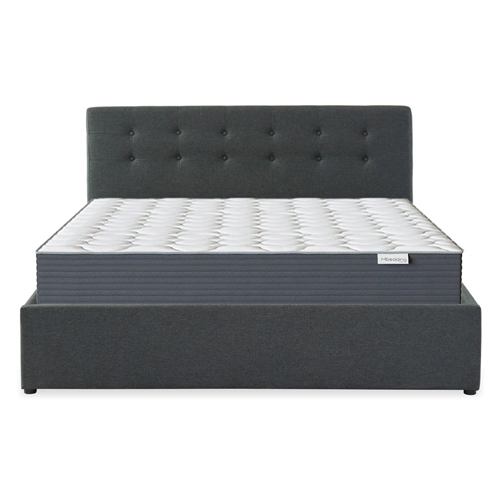 Ensemble lit coffre 160x200 en tissu gris anthracite + matelas Memo HR avec tête de lit et sommier à lattes - Collection Tina