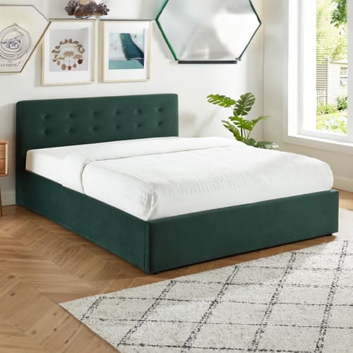 Ensemble lit coffre 160x200 en velours vert + matelas Memo HR avec tête de lit et sommier à lattes - Collection Tina