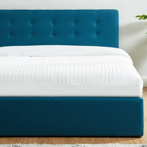Ensemble matelas mémoire + lit coffre et sommier 140x190 en tissu bleu canard avec tête de lit Ergo Royal - Collection Tina