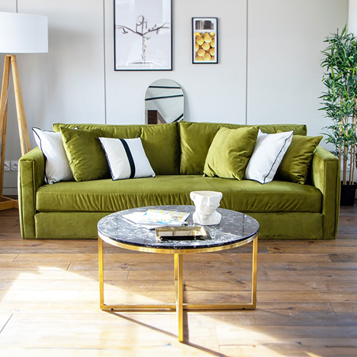 Canapé 3 places en velours vert olive + 4 coussins - Denver