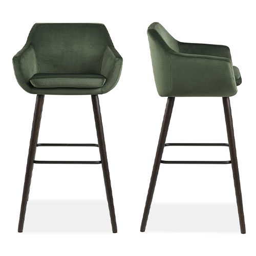 Lot de 2 fauteuils de bar en velours vert et piètement en chêne - Nora