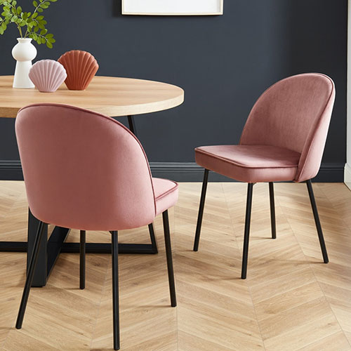 Lot de 2 chaises en velours vieux rose et piètement en métal noir - Venise