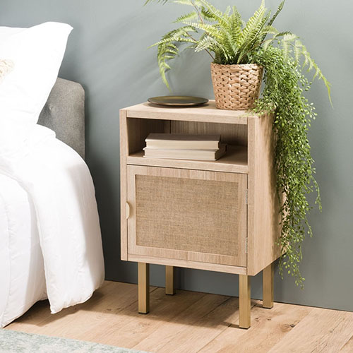Chevet 1 niche 1 porte toile de jute pieds métal doré