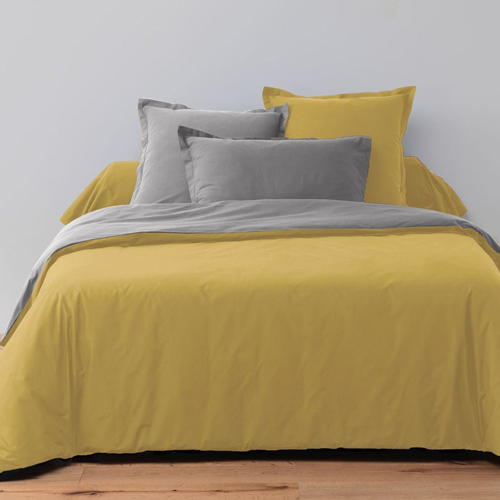 PARURE DE COUETTE BICOLORE 3PCS 240X220CM 100%COTON 57FILS/CM2-GRIS FONCE/SAFRAN