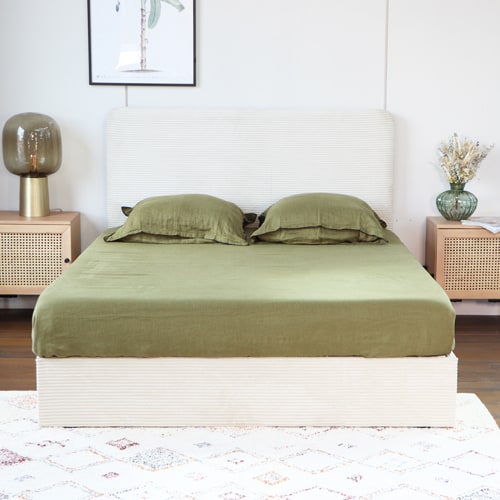 Lit adulte 160 x 200 cm en velours côtelé beige avec tête de lit et sommier à lattes - Enzo