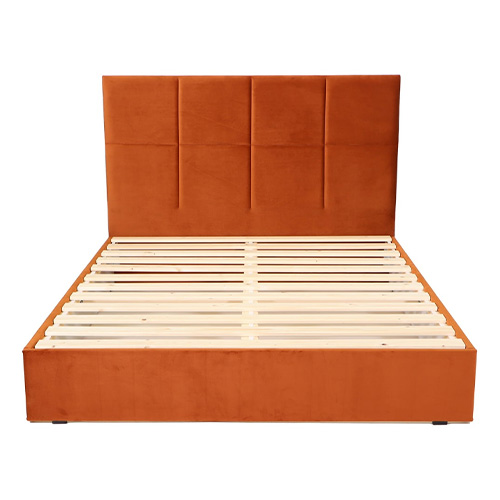 Lit adulte 140 x 190 cm en velours rouille avec tête de lit carrée capitonnée et sommier à lattes - Emy