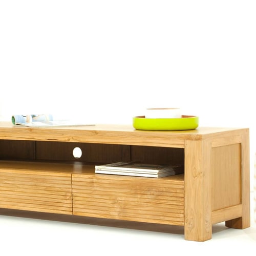 Meuble TV en teck massif, 1 niche de rangement et 3 tiroirs - Arboga
