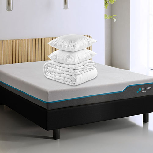 Ensemble matelas mémoire de forme Wellness 180x200 + sommier à lattes – Mousse HR + couette + 2 oreillers