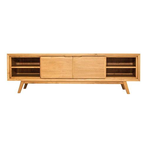 Meuble TV en teck massif, 2 portes, 5 niches de rangement et piètement compas, 180 cm - Arboga