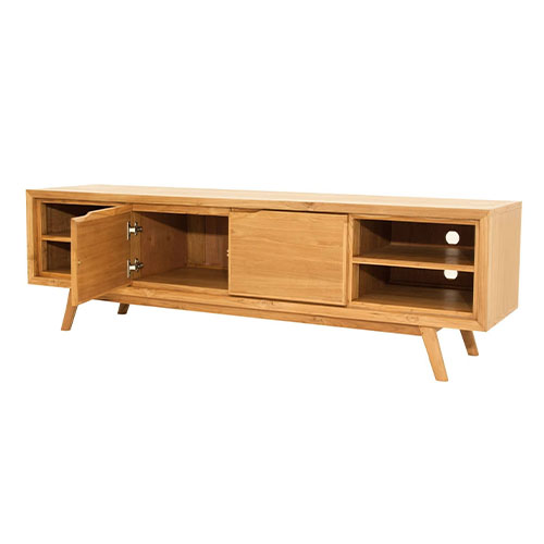 Meuble TV en teck massif, 2 portes, 5 niches de rangement et piètement compas, 180 cm - Arboga