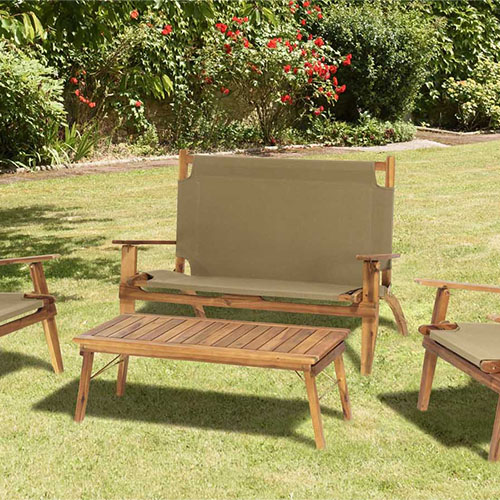 Salon de jardin 4 places avec 1 canapé 2 places, 2 fauteuils et 1 table basse rectangulaire 100x50 cm en bois d'acacia - Vick