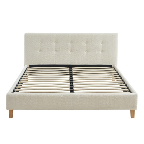 Lit adulte avec tête de lit capitonnée en tissu bouclé écru - sommier à lattes 140x190cm - Milo