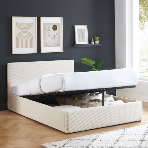  Lit coffre 140x190 en velours côtelé beige avec tête de lit et sommier à lattes - Tina