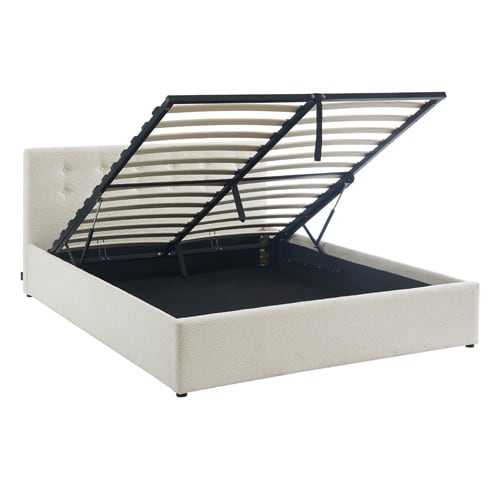  Lit coffre 160x200 en tissu bouclé écru avec tête de lit et sommier à lattes - Tina