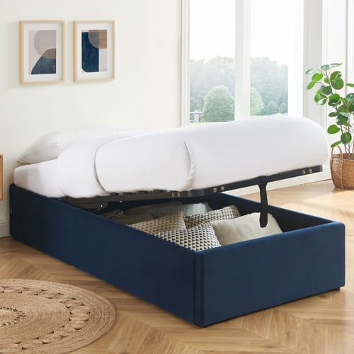 Lit coffre 90x190cm en velours bleu foncé + sommier à lattes - Handy