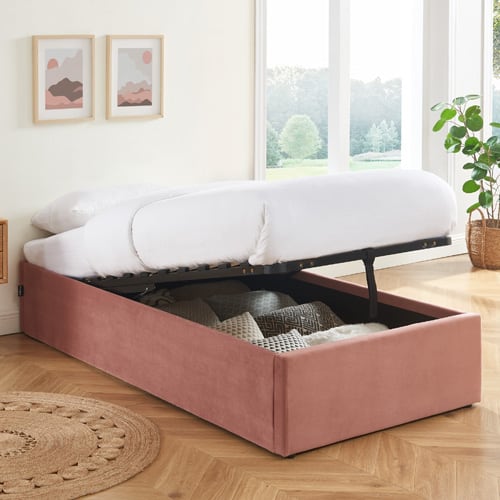 Lit coffre 90x190cm en velours rose + sommier à lattes - Handy