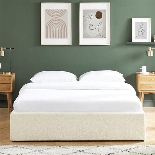 Lit coffre 160x200cm en tissu bouclé écru + sommier à lattes - Handy