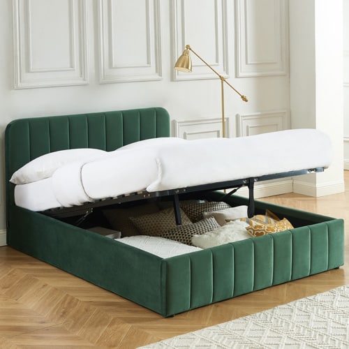 Lit coffre 140x190 en velours vert avec tête de lit + sommier à lattes - Ava