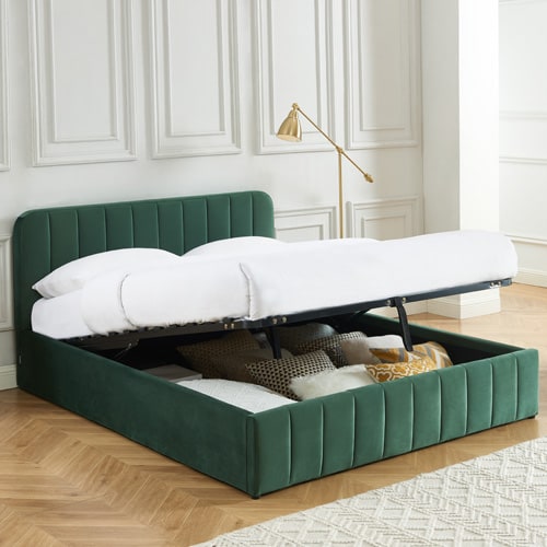Lit coffre 160x200 en velours vert avec tête de lit + sommier à lattes - Ava